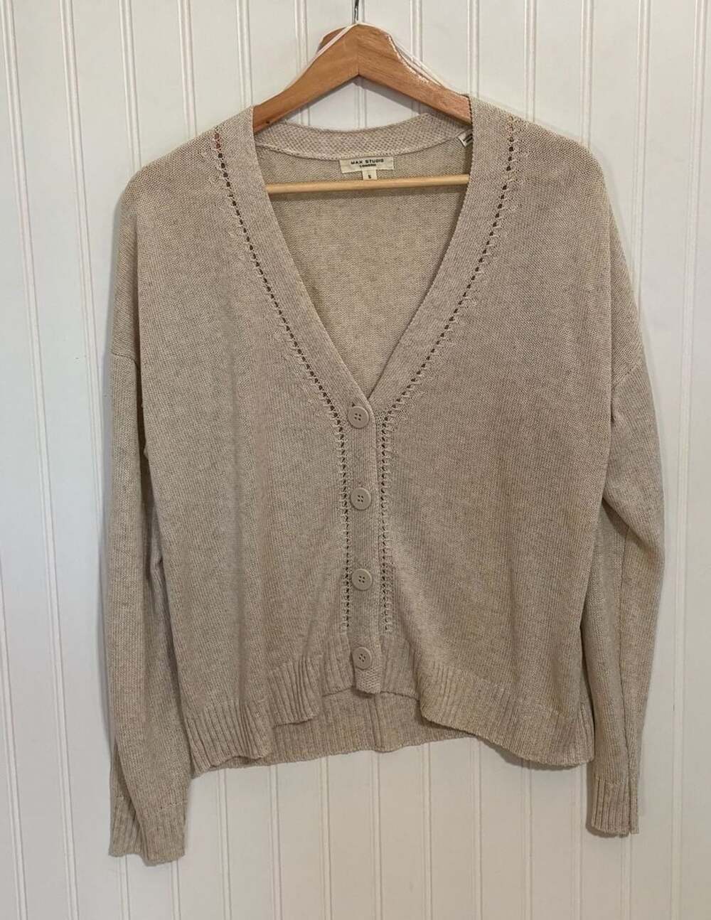 Max Studio London Cardigan Size S Linen Blend Beige V-Neck Button